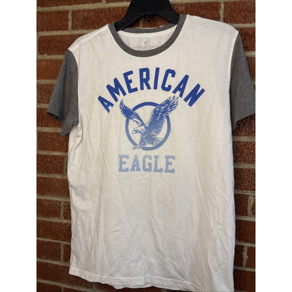 American Eagle Men’s T-shirt Logo Graphic White Raglan Medium